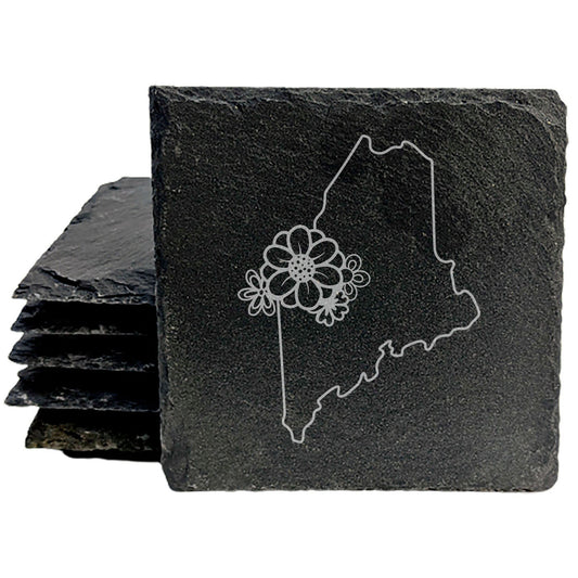 Rustic Slate Coasters Set of 4 - Maine Outline Design with Flower, 4" Round/Square, Natural Chipped Edge, Rubber Feet,  - Perfect for Holidays, Birthdays, Housewarming, She-Shed - Made in Oregon, USA