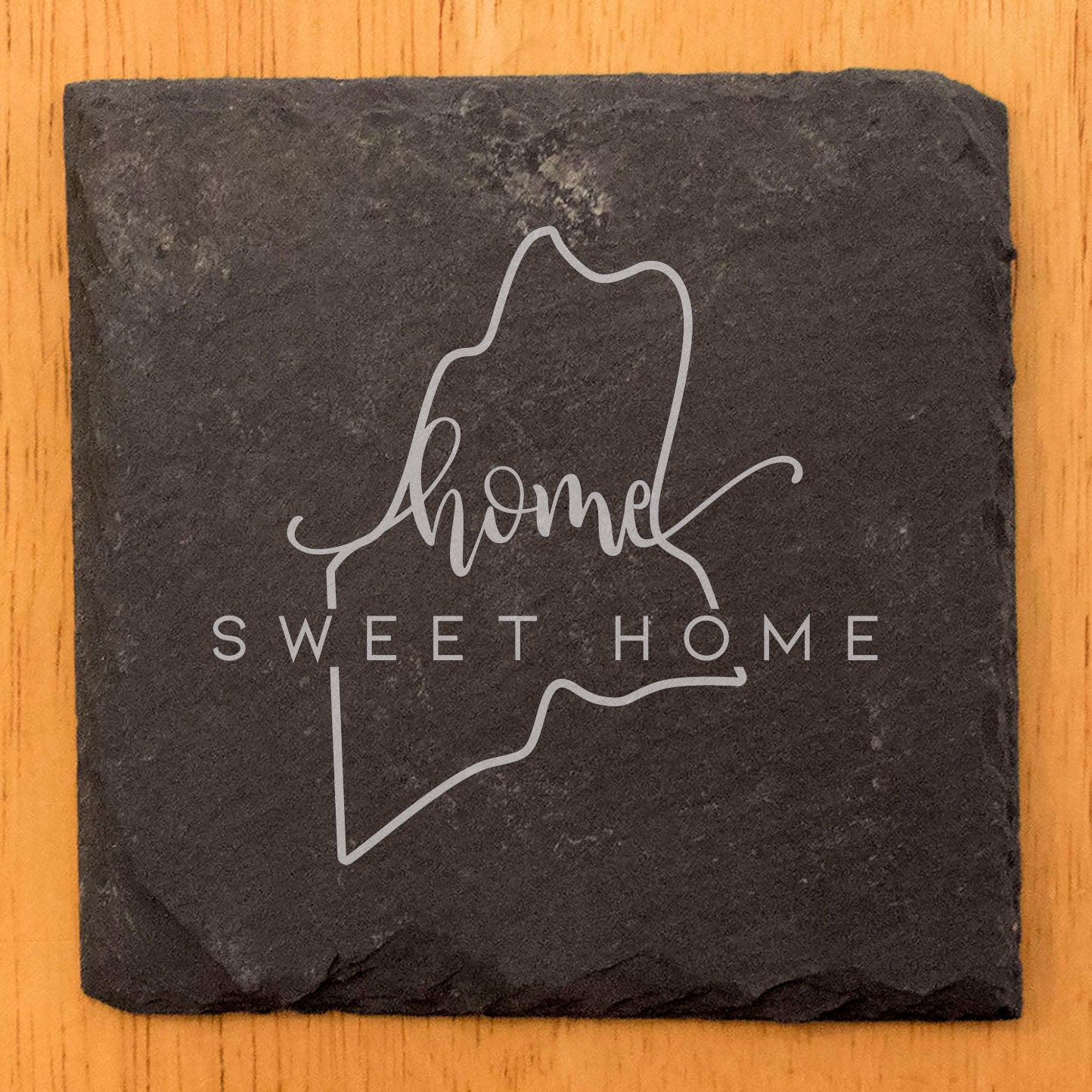 Rustic Slate Coasters Set of 4, Round 4" with 'Home Sweet Home' Maine Design, Perfect for Holidays, Birthdays, Housewarming Gifts, She-Shed or Man Cave, Made in Oregon, USA, Natural Chipped Edge