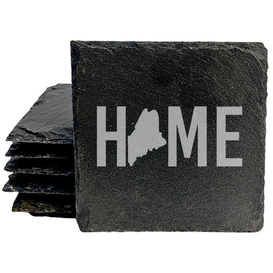 Rustic Slate Coasters Set of 4 - Laser Etched 'HOME' Design with Maine State - Perfect Gift for Holidays, Birthdays, Housewarming - Round 4" - Made in Oregon, USA - Natural Chipped Edge, Rubber Feet