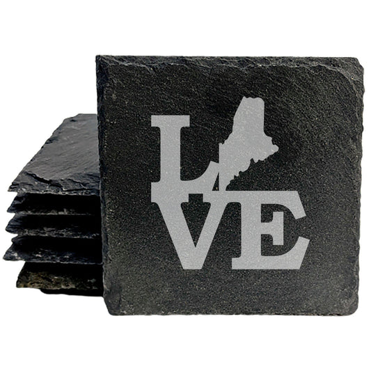 Rustic Slate Coasters Set of 4, Laser Etched 'LOVE' Design with Maine State, 4" Round, Natural Chipped Edge, Rubber Feet, , Perfect for Holidays, Birthdays, Housewarming, USA Made