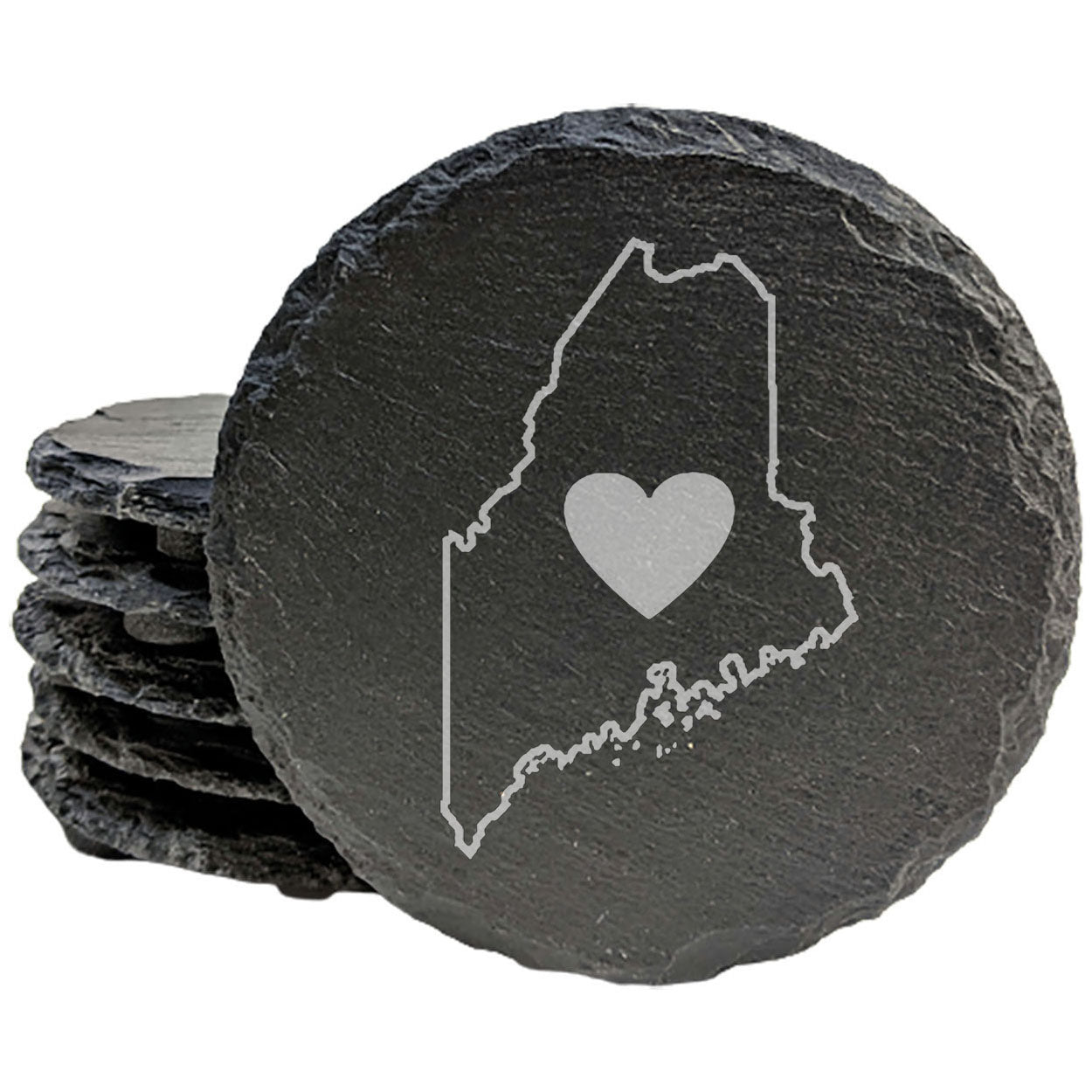 Rustic Slate Coasters Set of 4 - Maine Heart Design, 4" Round, Natural Chipped Edge, Rubber Feet,  - Perfect for Holidays, Birthdays, Housewarming - Made in Oregon, USA