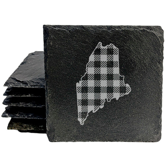 Rustic Slate Coasters Set of 4, Round 4" with Maine Plaid Design, Laser Etched, Perfect for Holidays, Birthdays, Housewarming Gifts, She-Shed or Man Cave, Made in Oregon, USA, Natural Chipped Edge