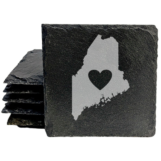 Rustic Slate Coasters Set of 4, Round 4" with Maine Heart Design, Laser Etched, Perfect for Holidays, Birthdays, Housewarming Gifts, She-Shed or Man Cave, Made in Oregon, USA, Natural Edge