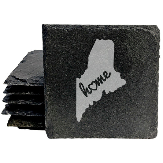 Rustic Slate Coasters Set of 4 - Maine 'Home' Design with Heart - Round 4" - Perfect for Holidays, Birthdays, Housewarming - Made in Oregon, USA -  - Natural Chipped Edge, Rubber Feet