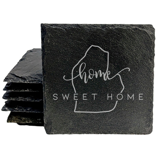 Rustic Slate Coasters Set of 4 - Laser Etched Michigan 'Home Sweet Home' Design - Perfect Gift for Holidays, Birthdays, Housewarming - 4" Round with Natural Edge - Made in Oregon, USA