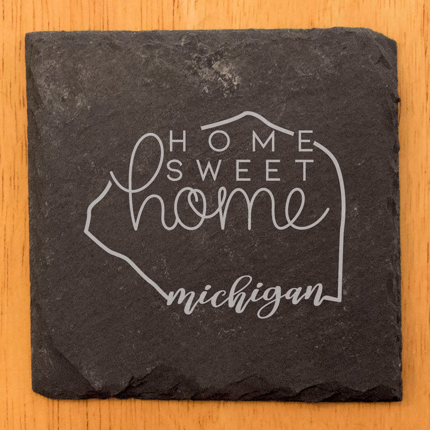 Rustic Slate Coasters Set of 4 - Michigan Design 'Home Sweet Home' - 4" Round, Natural Chipped Edge, Rubber Feet - Perfect Gift for Holidays, Birthdays, Housewarming - Made in Oregon, USA