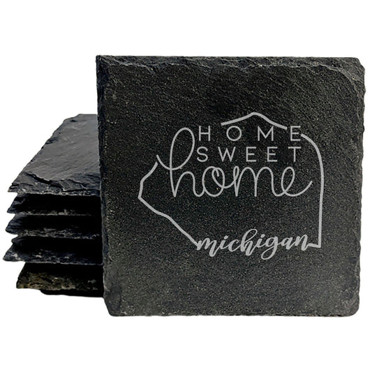 Rustic Slate Coasters Set of 4 - Michigan Design 'Home Sweet Home' - 4" Round, Natural Chipped Edge, Rubber Feet - Perfect Gift for Holidays, Birthdays, Housewarming - Made in Oregon, USA