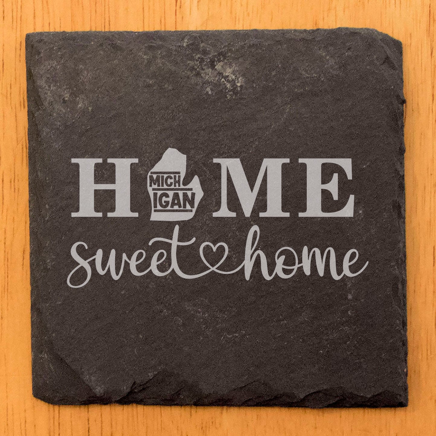 Rustic Slate Coasters Set of 4, Round 4" with 'HOME SWEET HOME' Michigan Design, Perfect Gift for Holidays, Birthdays, Housewarming, She-Shed, Man Cave, Made in Oregon, USA, Natural Chipped Edge