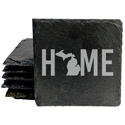 Rustic Slate Coasters Set of 4 - Laser Etched 'HOME' Design with Michigan State - Perfect Gift for Holidays, Birthdays, Housewarming - 4" Round, Natural Chipped Edge, Made in Oregon, USA