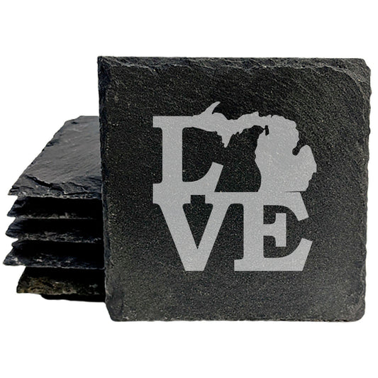 Rustic Slate Coasters Set of 4 - Laser Etched 'LOVE' Michigan Design - Perfect Gift for Holidays, Birthdays, Housewarming - 4" Round, Natural Chipped Edge, Rubber Feet - Made in Oregon, USA