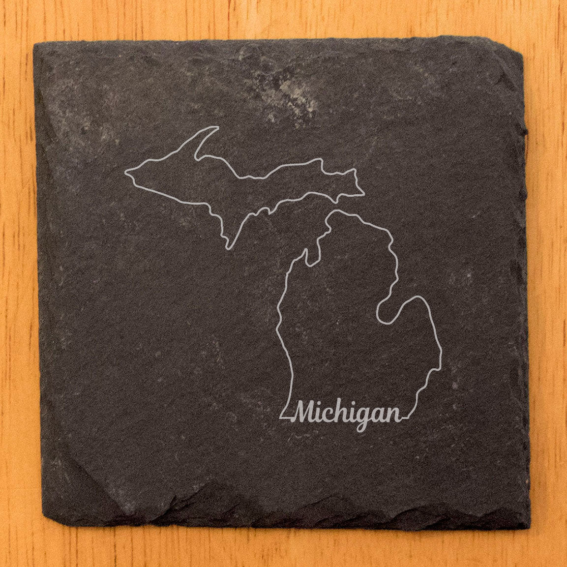 Rustic Slate Coasters Set of 4 - Michigan State Design, 4" Round, Natural Chipped Edge, Rubber Feet,  - Perfect for Holidays, Birthdays, Housewarming - Made in Oregon, USA