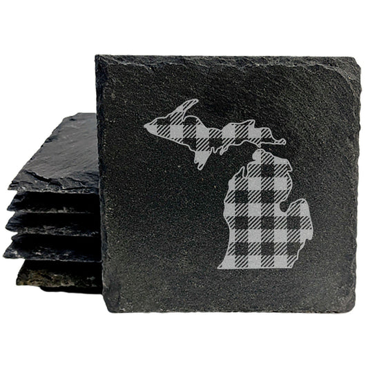 Rustic Slate Coasters Set of 4, Round 4" with Michigan Plaid Design, Laser Etched, Perfect for Holidays, Birthdays, Housewarming Gifts, She-Shed or Man Cave, Made in Oregon, USA, Natural Edge