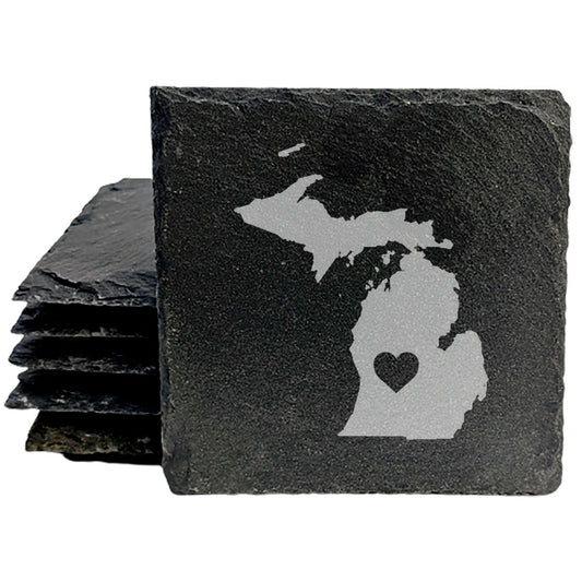 Rustic Slate Coasters Set of 4 - Michigan Design with Heart, 4" Round, Natural Chipped Edge, Rubber Feet,  - Perfect for Holidays, Birthdays, Housewarming - Made in Oregon, USA