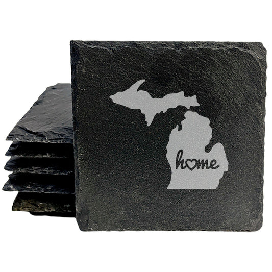 Rustic Slate Coasters Set of 4, Round 4" with Michigan 'Home' Heart Design, Perfect for Holidays, Birthdays, Housewarming Gifts, She-Shed or Man Cave, Made in Oregon, USA, Natural Chipped Edge