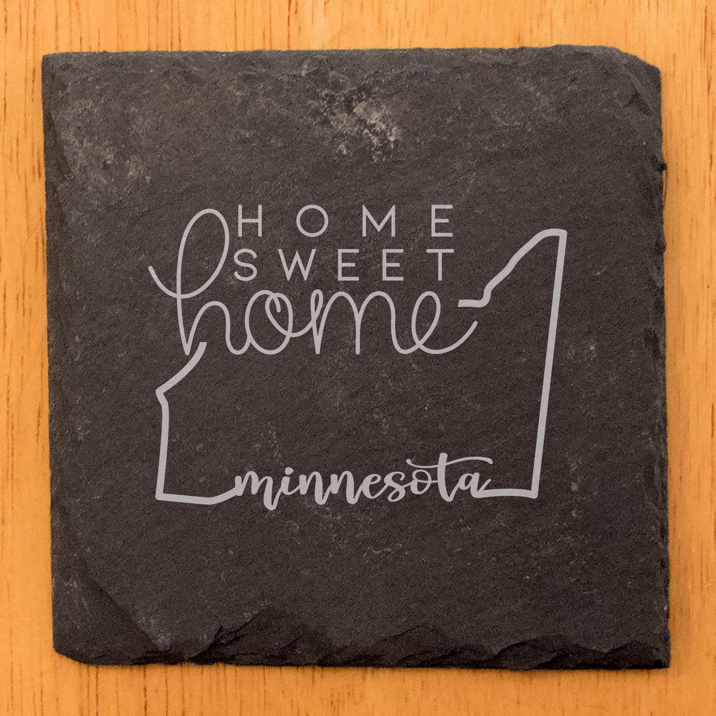 Rustic Slate Coasters Set of 4 - Laser Etched Minnesota Design 'Home Sweet Home' - Perfect Gift for Holidays, Birthdays, Housewarming - 4" Round, Natural Chipped Edge, Made in Oregon, USA