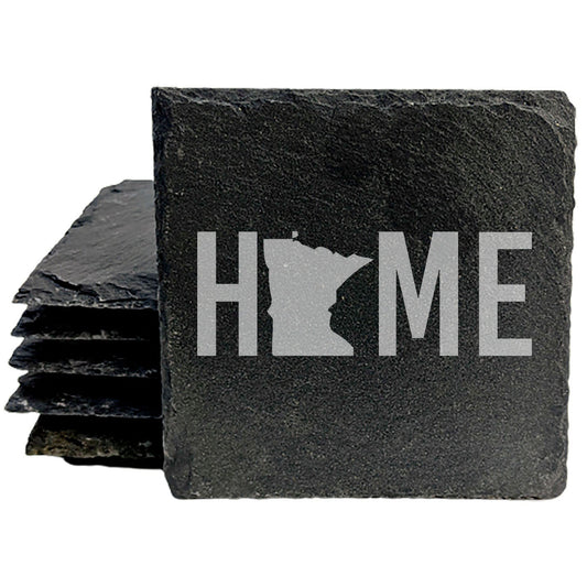 Rustic Slate Coasters Set of 4, Laser Etched 'HOME' Design with Minnesota State, 4" Round, Natural Chipped Edge, Rubber Feet, , Perfect for Holidays, Birthdays, Housewarming, USA Made