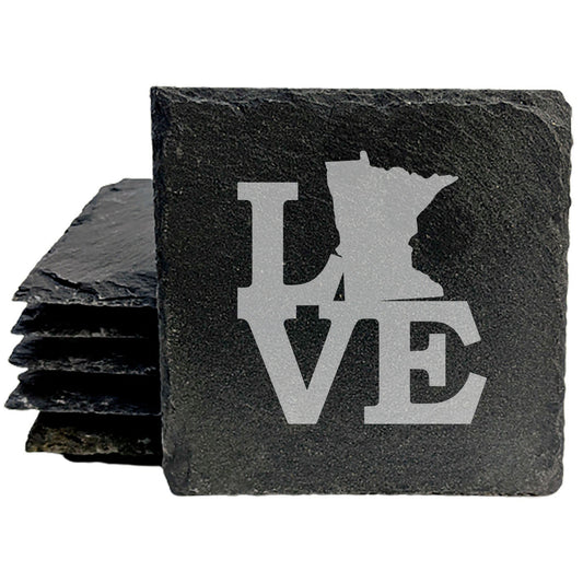 Rustic Slate Coasters Set of 4, Round 4" with 'LOVE' Minnesota Design, Perfect for Holidays, Birthdays, Housewarming Gifts, She-Shed or Man Cave, Made in Oregon, USA, Natural Chipped Edge