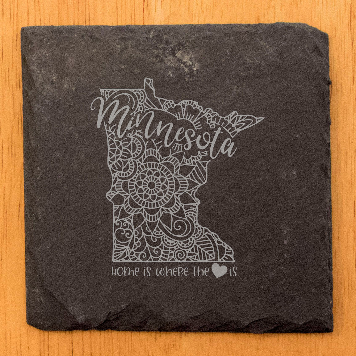 Rustic Slate Coasters Set of 4, Round 4" with Minnesota Mandala Design, 'Home is Where the Heart Is' Quote, Perfect Gift for Holidays, Birthdays, Housewarming, Made in Oregon, USA, Small Business