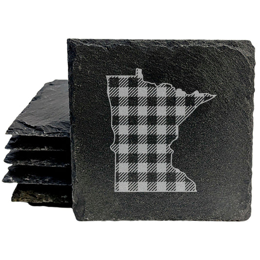 Rustic Slate Coasters Set of 4 - Minnesota Plaid Design, 4" Round, Natural Chipped Edge, Rubber Feet,  - Perfect for Holidays, Birthdays, Housewarming - Made in Oregon, USA