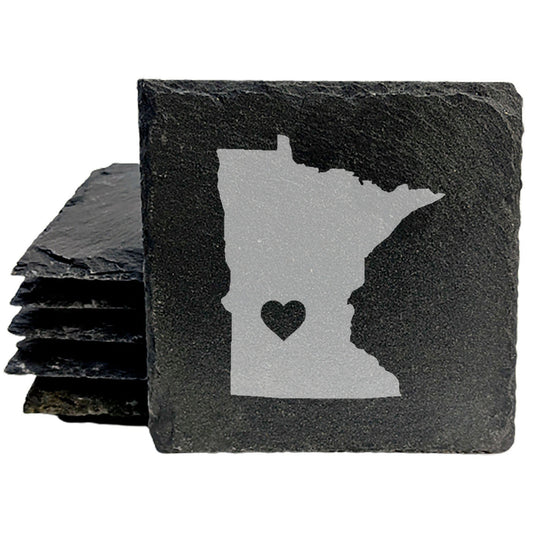 Rustic Slate Coasters Set of 4 - Minnesota Heart Design, 4" Round, Natural Chipped Edge, Rubber Feet,  - Perfect for Holidays, Birthdays, Housewarming - Made in Oregon, USA