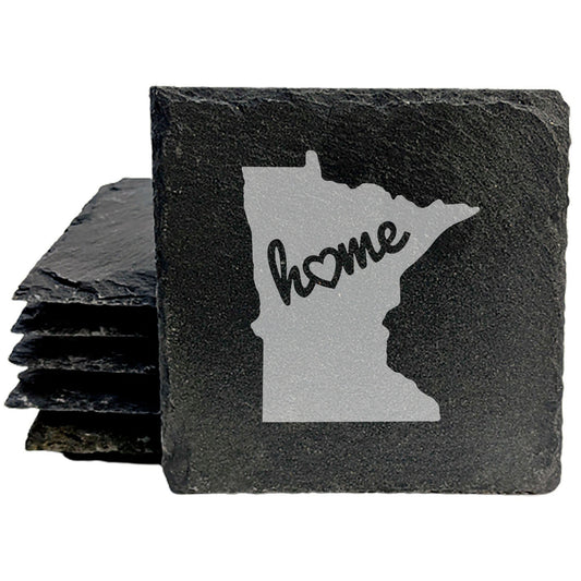 Rustic Slate Coasters Set of 4, Round 4" with Minnesota 'Home' Heart Design, Perfect for Holidays, Birthdays, Housewarming Gifts, She-Shed or Man Cave, Made in Oregon, USA, Natural Chipped Edge