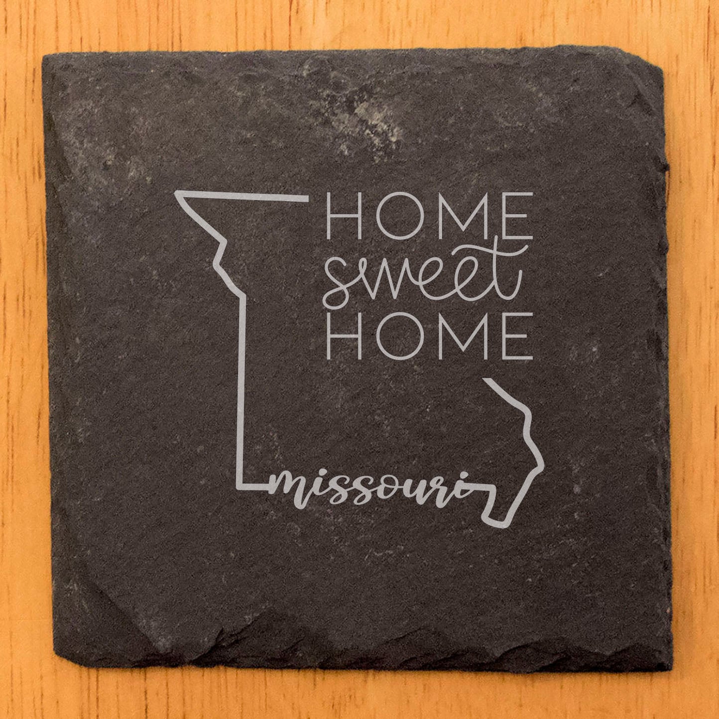 Rustic Slate Coasters Set of 4, Round 4" with Missouri 'Home Sweet Home' Design, Laser Etched, Perfect for Holidays, Birthdays, Housewarming Gifts, Made in Oregon, USA, Natural Chipped Edge