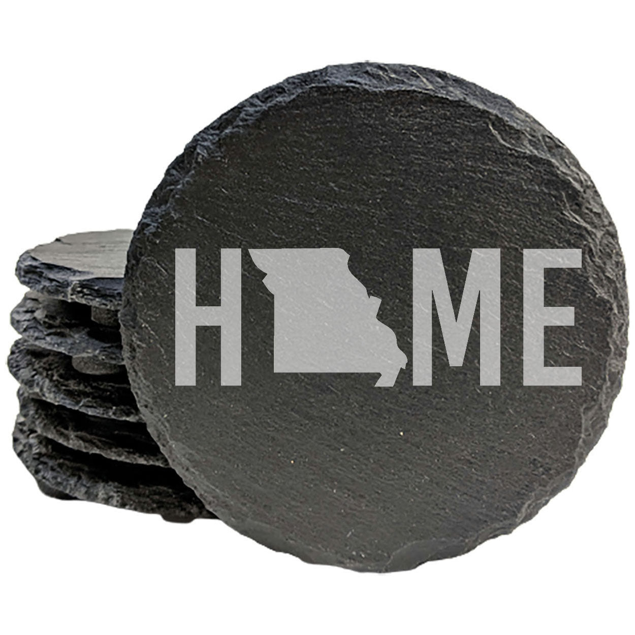 Rustic Slate Coasters Set of 4 - Laser Etched 'HOME' Design with Missouri State - Perfect Gift for Holidays, Birthdays, Housewarming - 4" Round, Natural Chipped Edge, Rubber Feet - Made in USA