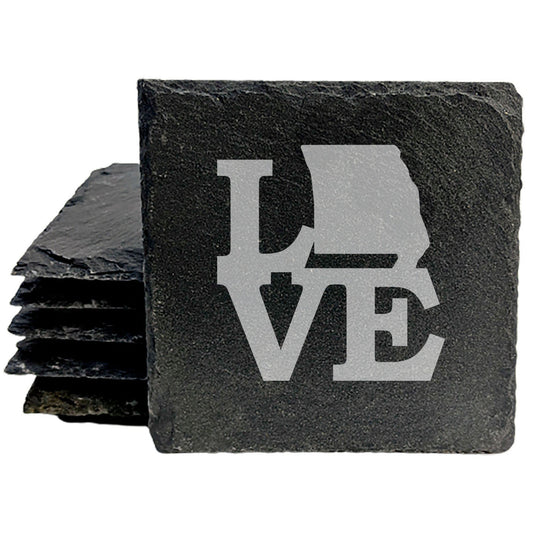 Rustic Slate Coasters Set of 4, Round 4" with 'LOVE' Missouri Design, Natural Chipped Edge, Rubber Feet, , Perfect for Holidays, Birthdays, Housewarming, Made in Oregon, USA