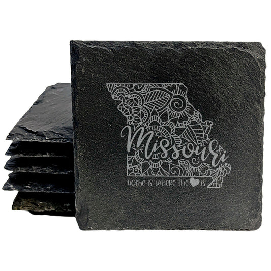 Rustic Slate Coasters Set of 4, Round 4" with Missouri Mandala Design, 'Home is Where the Heart Is' Quote, Perfect for Holidays, Birthdays, Housewarming, She-Shed, Man Cave, Made in Oregon, USA