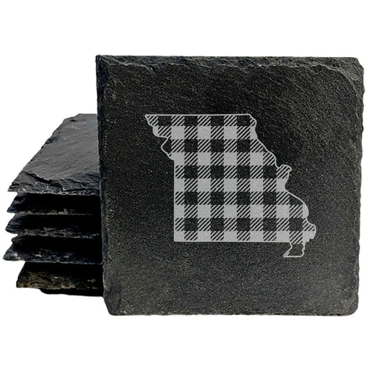 Rustic Slate Coasters Set of 4, Round 4" with Missouri Plaid Design, Perfect for Holidays, Birthdays, Housewarming Gifts, She-Shed or Man Cave, Made in Oregon, USA, Natural Chipped Edge, Rubber Feet