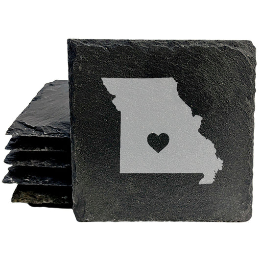 Rustic Slate Coasters Set of 4, Round 4" with Missouri Heart Design, Laser Etched, Perfect for Holidays, Birthdays, Housewarming, She-Shed, Man Cave, Made in Oregon, USA,