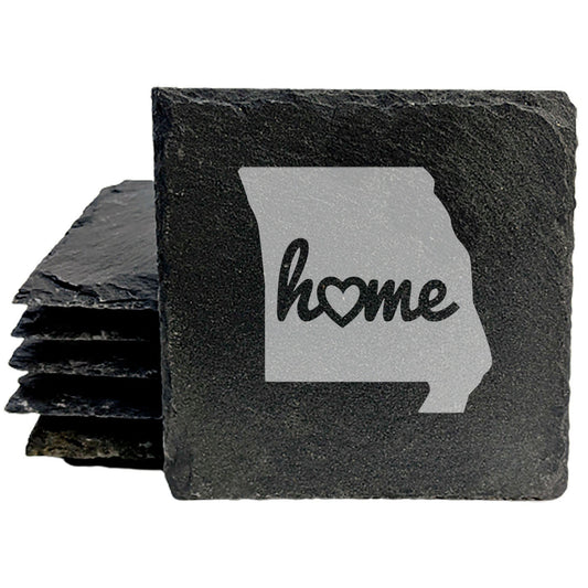 Rustic Slate Coasters Set of 4, Missouri 'Home' Design, 4" Round, Laser Etched, Natural Chipped Edge, Rubber Feet, , Perfect for Holidays, Birthdays, Housewarming, Made in USA