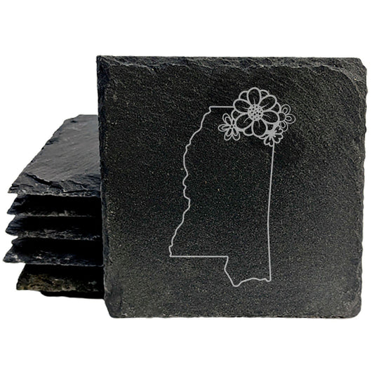 Rustic Slate Coasters Set of 4 - Mississippi State Outline Design with Flower - Perfect Gift for Holidays, Birthdays, Housewarming - 4" Round or Square - Made in Oregon, USA - Natural Chipped Edge