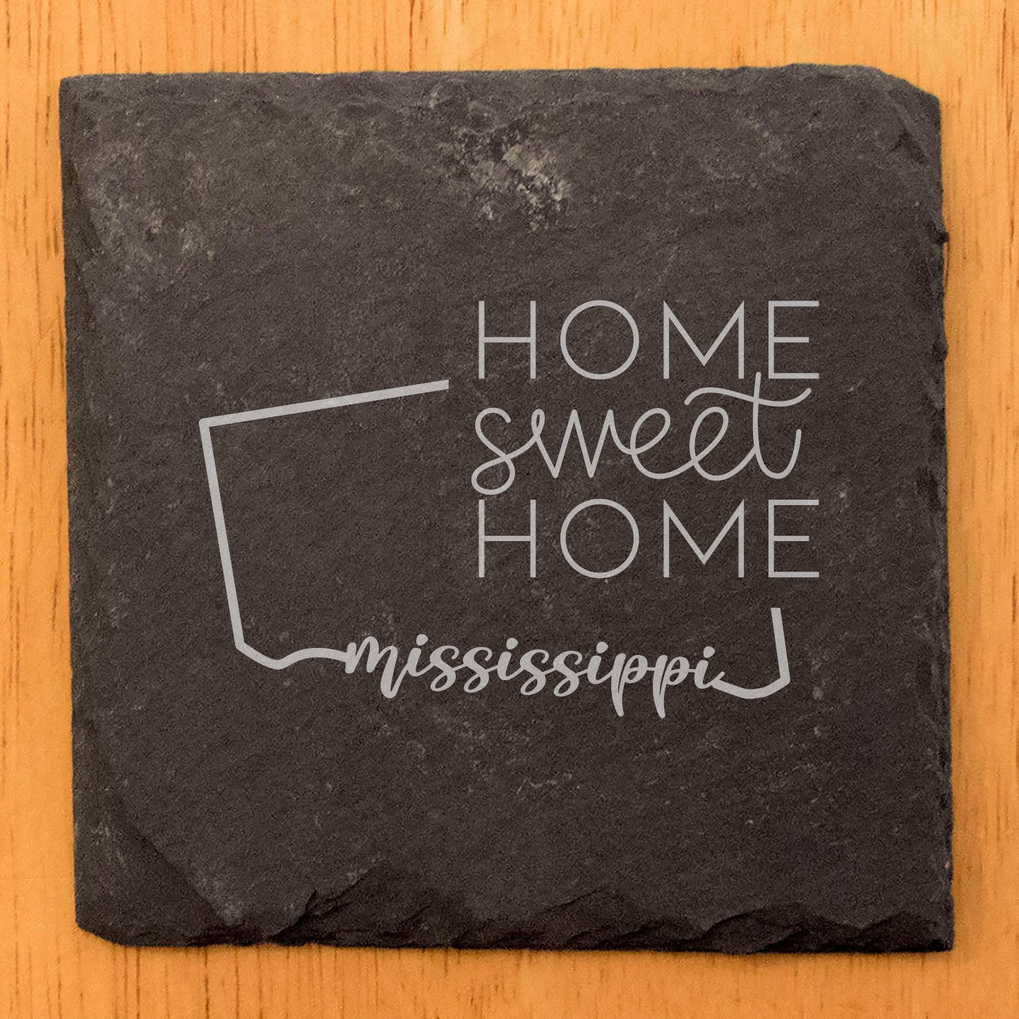 Rustic Slate Coasters Set of 4 - Round 4" with Mississippi 'Home Sweet Home' Design - Perfect Gift for Holidays, Birthdays, Housewarming - Made in Oregon, USA - Natural Chipped Edge, Rubber Feet