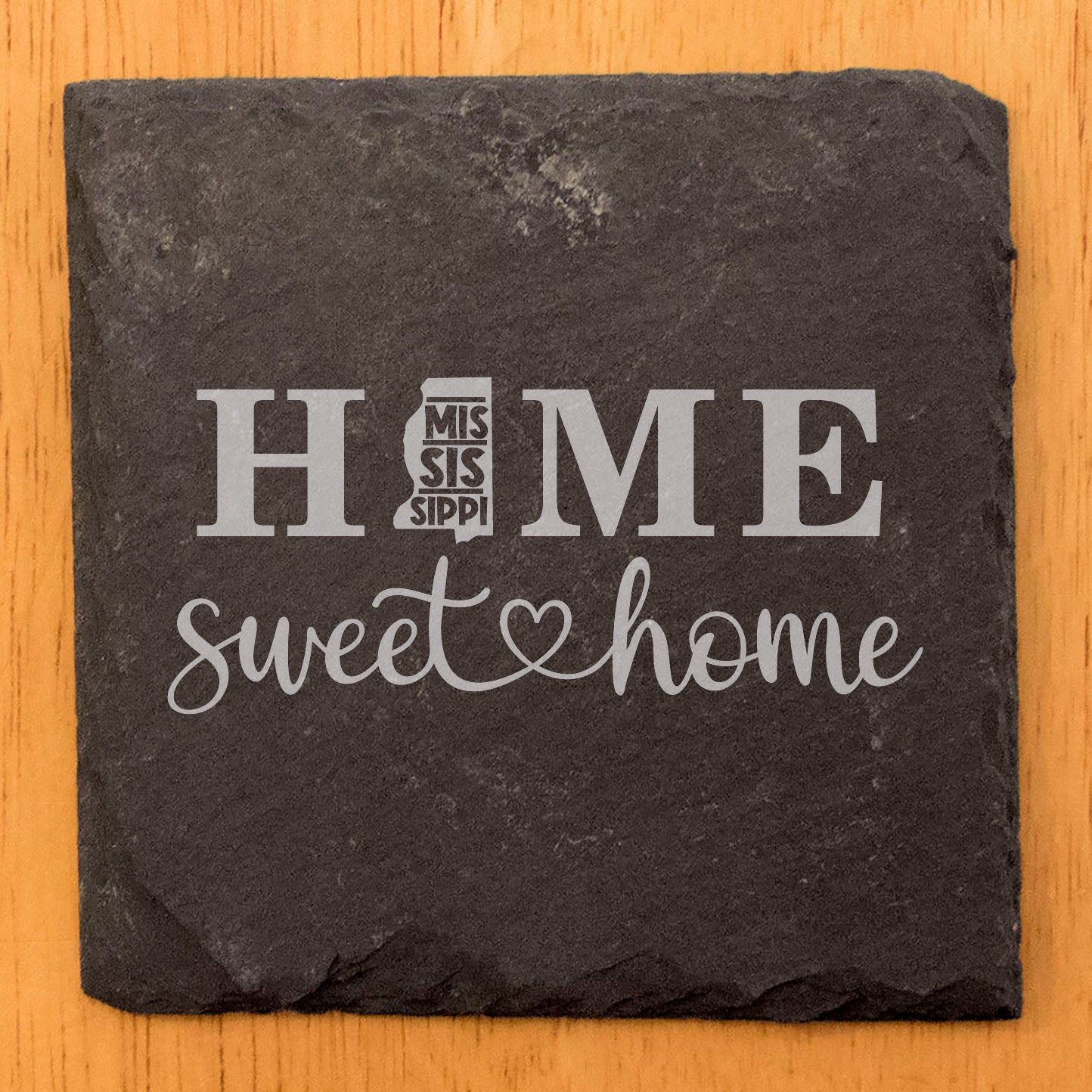 Rustic Slate Coasters Set of 4, 4" Round, Laser Etched 'HOME SWEET HOME' Design, Mississippi State Shape, Perfect Gift for Holidays, Birthdays, Housewarming, Made in Oregon, USA, Natural Edge