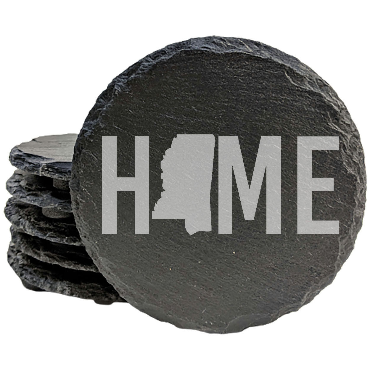 Rustic Slate Coasters Set of 4 - Laser Etched 'HOME' Design with Mississippi State Shape - Perfect Gift for Holidays, Birthdays, Housewarming - 4" Round, Natural Chipped Edge, Made in USA