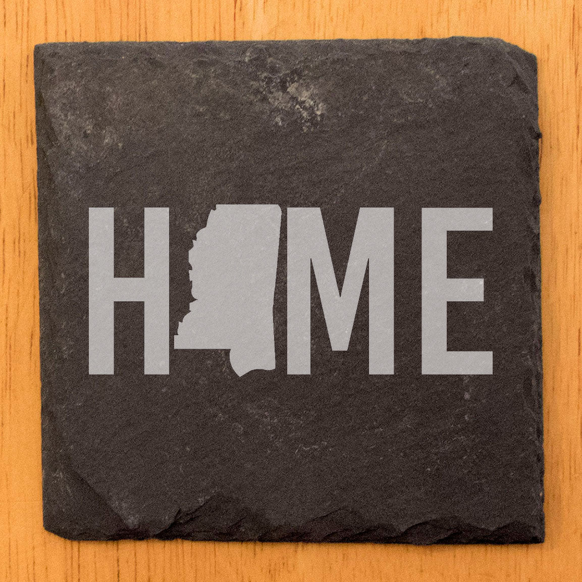 Rustic Slate Coasters Set of 4 - Laser Etched 'HOME' Design with Mississippi State Shape - Perfect Gift for Holidays, Birthdays, Housewarming - 4" Round, Natural Chipped Edge, Made in USA