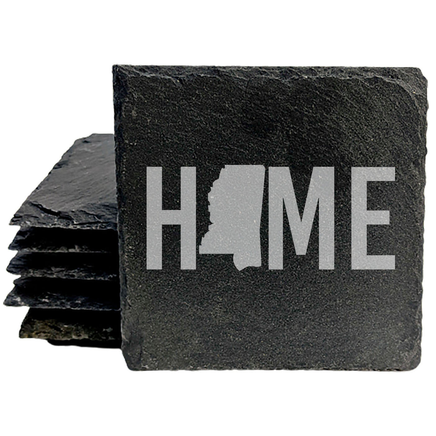 Rustic Slate Coasters Set of 4 - Laser Etched 'HOME' Design with Mississippi State Shape - Perfect Gift for Holidays, Birthdays, Housewarming - 4" Round, Natural Chipped Edge, Made in USA