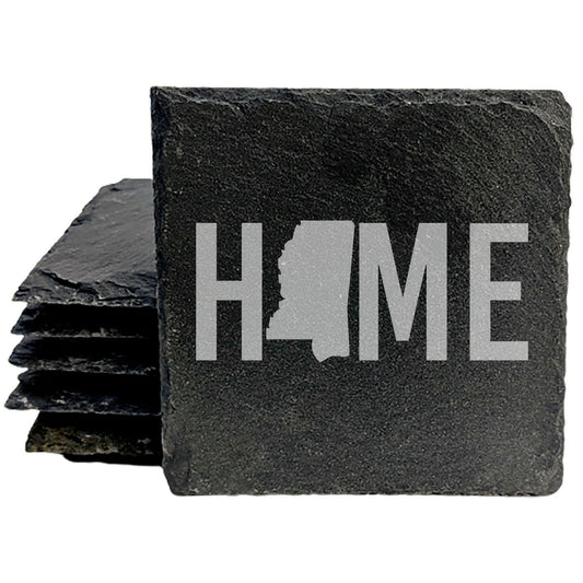 Rustic Slate Coasters Set of 4 - Laser Etched 'HOME' Design with Mississippi State Shape - Perfect Gift for Holidays, Birthdays, Housewarming - 4" Round, Natural Chipped Edge, Made in USA