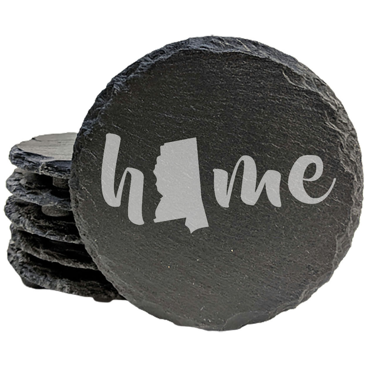 Rustic Slate Coasters Set of 4 - Laser Etched 'Home' Design with Mississippi State Shape - Perfect Gift for Holidays, Birthdays, Housewarming - 4" Round/Square - Made in Oregon, USA
