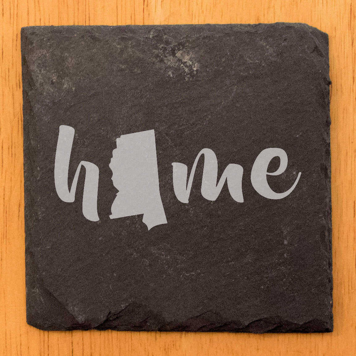 Rustic Slate Coasters Set of 4 - Laser Etched 'Home' Design with Mississippi State Shape - Perfect Gift for Holidays, Birthdays, Housewarming - 4" Round/Square - Made in Oregon, USA