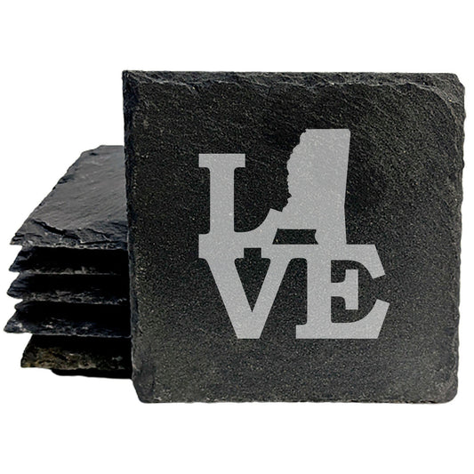 Rustic Slate Coasters Set of 4 - Laser Etched 'LOVE' Design with Mississippi State Shape - Perfect Gift for Holidays, Birthdays, Housewarming - 4" Round, Natural Chipped Edge, Made in USA