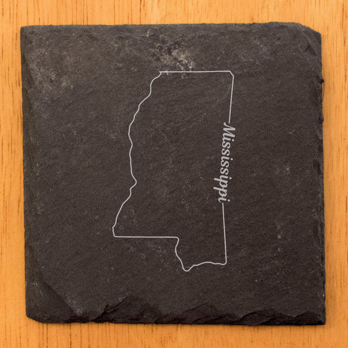 Rustic Slate Coasters Set of 4, Round 4" with Mississippi State Outline Design, Laser Etched, Perfect for Holidays, Birthdays, Housewarming, She-Shed, Man Cave, Made in Oregon, USA, Gift Boxed