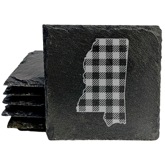 Rustic Slate Coasters Set of 4 - Mississippi Plaid Design, 4" Round, Natural Chipped Edge, Rubber Feet,  - Perfect for Holidays, Birthdays, Housewarming - Made in Oregon, USA
