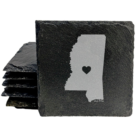 Rustic Slate Coasters Set of 4, Laser Etched Mississippi Design, Heart Center, 4" Round, Natural Chipped Edge, Rubber Feet, , Perfect for She-Shed, Man Cave, Made in Oregon, USA
