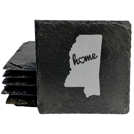 Rustic Slate Coasters Set of 4 - Mississippi 'Home' Design, Heart Detail, 4" Round, Natural Chipped Edge, Rubber Feet,  - Perfect for Holidays, Birthdays, Housewarming, Man Cave - Made in USA