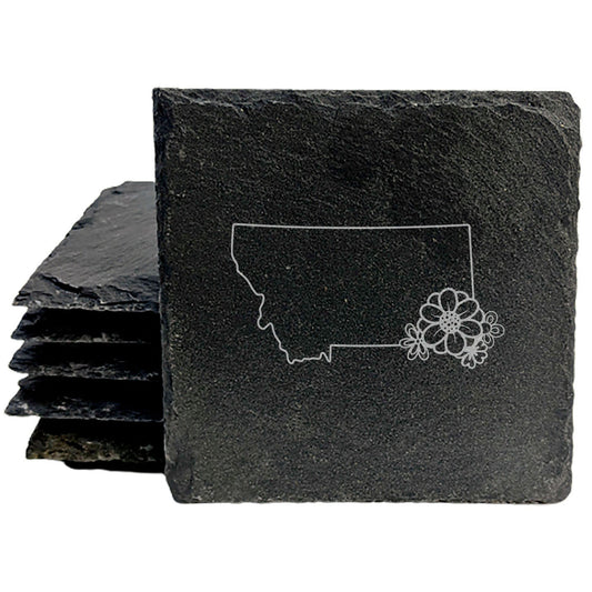 Rustic Slate Coasters Set of 4 - Laser Etched Montana Design w/ Flower - Perfect Gift for Holidays, Birthdays, Housewarming - 4" Round/Square - Made in Oregon, USA - Natural Chipped Edge