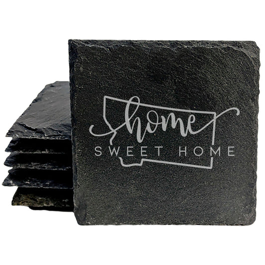 Rustic Slate Coasters Set of 4 - Round 4" with 'Home Sweet Home' Montana Design - Perfect Gift for Holidays, Birthdays, Housewarming - Made in Oregon, USA - Natural Chipped Edge, Rubber Feet