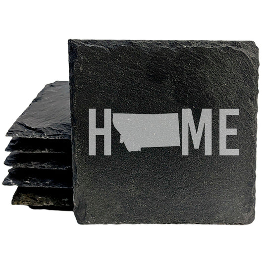 Rustic Slate Coasters Set of 4 - Laser Etched 'HOME' Design with Montana State - Perfect Gift for Holidays, Birthdays, Housewarming - 4" Round, Natural Chipped Edge, Made in Oregon, USA