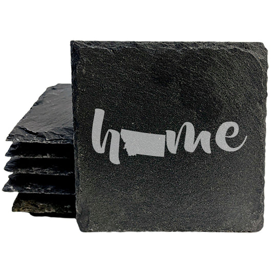 Rustic Slate Coasters Set of 4 - Laser Etched 'Home' Design with Montana State - Perfect Gift for Holidays, Birthdays, Housewarming - 4" Round/Square - Made in Oregon, USA - Natural Chipped Edge